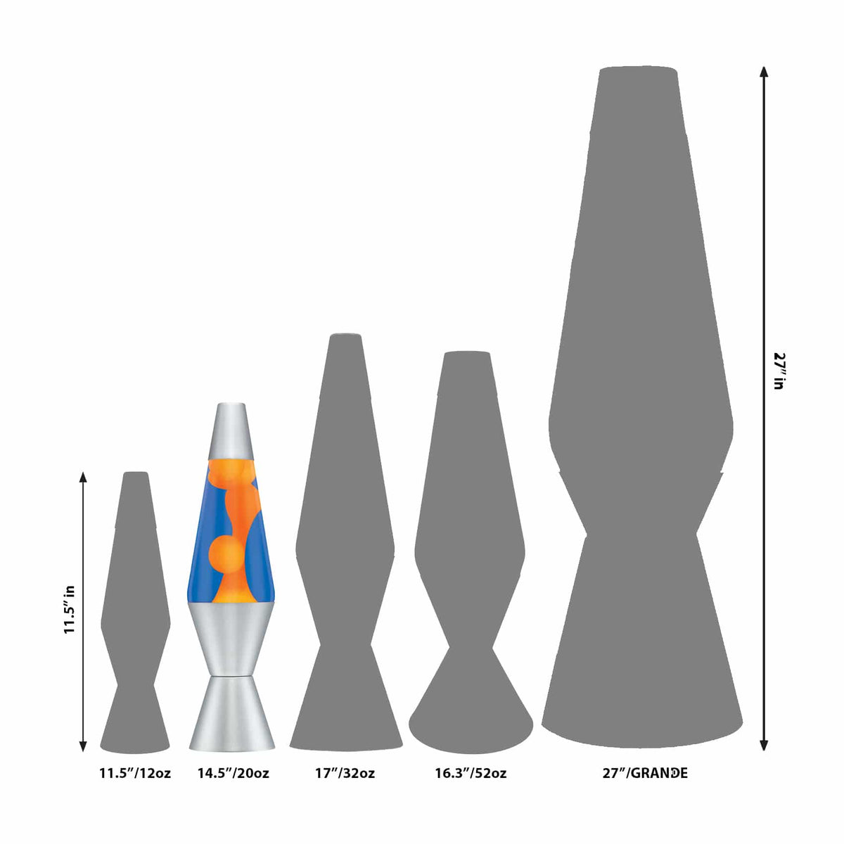 14.5” LAVA® Lamp – Orange/Blue/Silver Size Comparison
